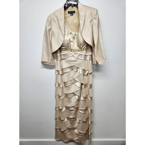 Jessica Howard Women's 2Pc Maxi Gold Tiered/Layered Dress With Jacket, Size 10